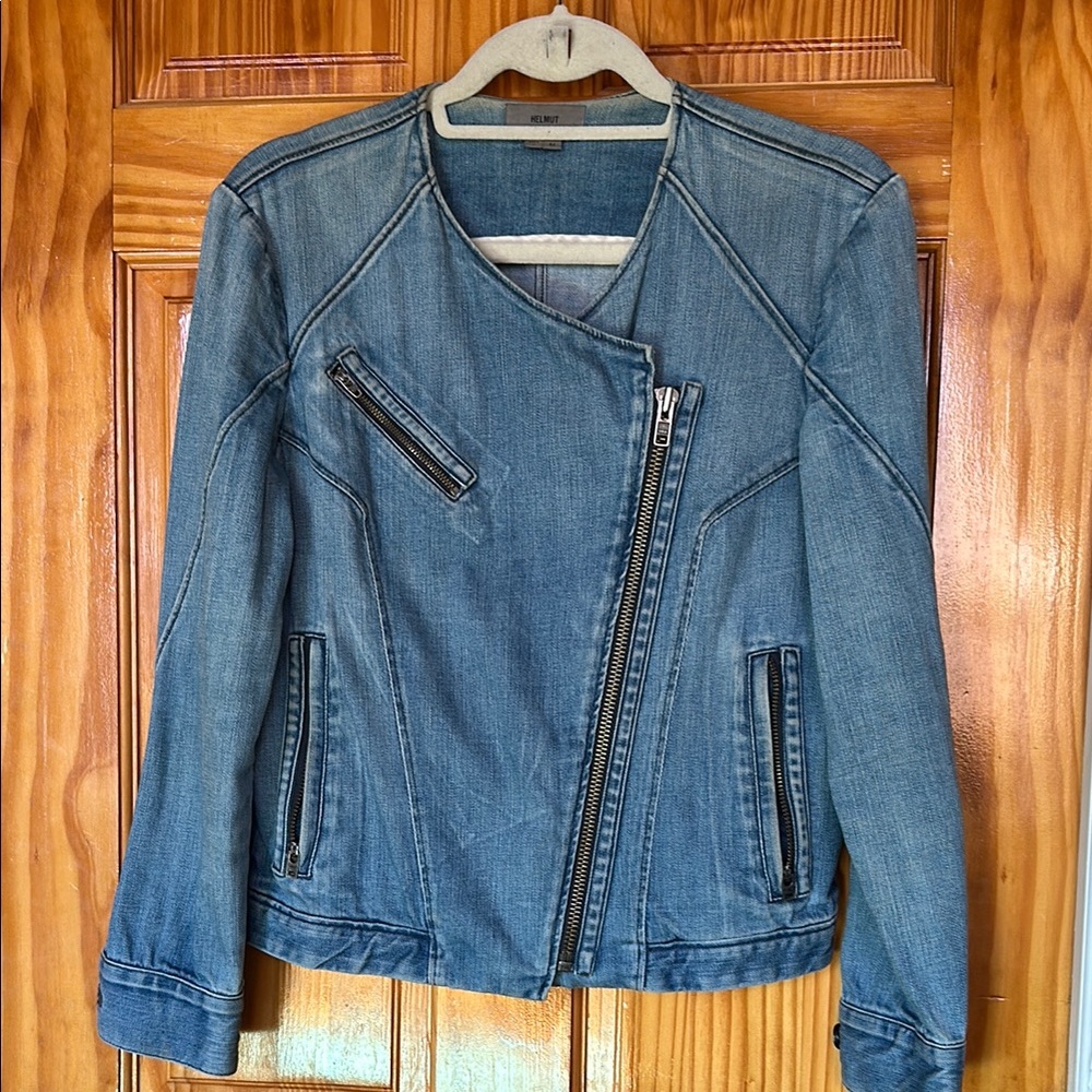 Helmut Lang Blue Jean Jacket with Moto Style and Asymmetrical Zipper
